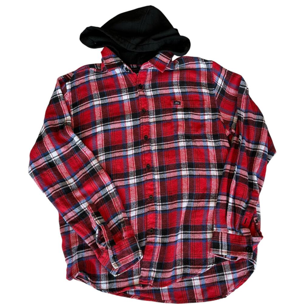 Mens Flannel Hoodie Size Large Hiking Outdoor Shacket Plaid Shirt Jacket Buttons